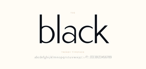 Elegant black font sans serif style modern typography letters and number. Uppercase and lowercase letters. Minimal alphabet for promotion, video, decoration, logo, poster, book, printing. Vector