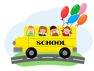 Children ride the school bus. Print back to school. Vector illustration. For postcards, prints, posters and brochures, promotional materials.