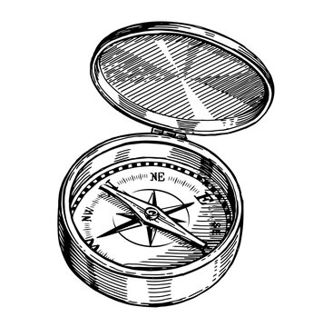 Compass isolated in vintage engraving style. Hand drawn sketch vector illustration. Camping, hike, travel concept