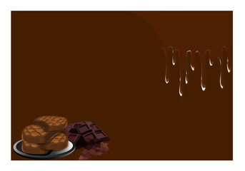 Chocolate bar pieces and pancakes with cocoa powder in one corner on a chocolate colored background, cream dripping over the top right corner and copy space. Vector illustration.