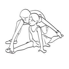 Fototapeta premium line art woman coach dance trainer teacher helping girl teenager to stretch her legs illustration vector hand drawn isolated on white background