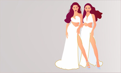 Beauty Dress, Sexy Woman posing evening Gown, 2 highly detailed, photorealistic digital illustration of two stylish women, beautiful poses, fashionable outfits, elegant dresses, minimalist background