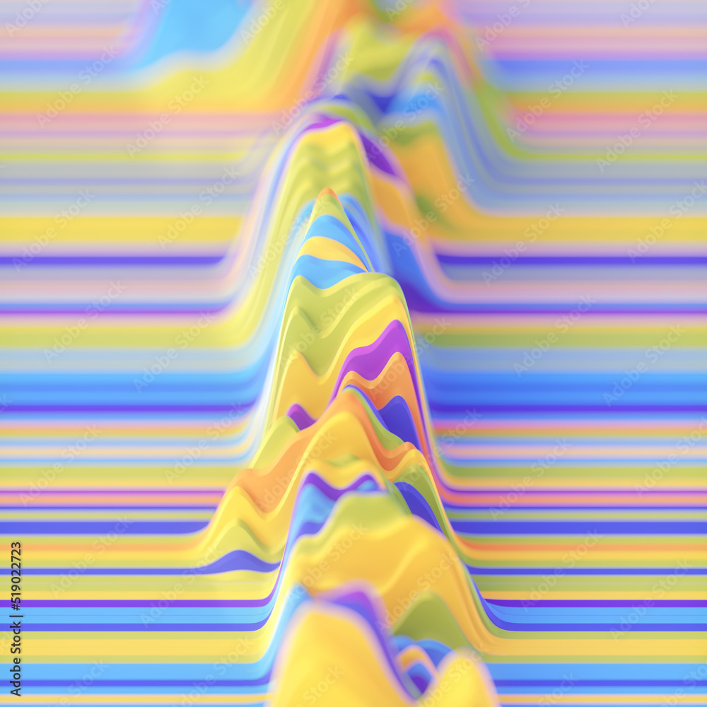 Poster abstract landscape of colorful wavy stripes. stylized 3d rendering digital illustration. geometric b