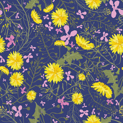 Naklejka na ściany i meble A pattern of meadow flowers, dandelions, shepherd's bag, pink flowers.For fabrics, for printing brochures, posters, parties, vintage textile design, postcards, packaging.