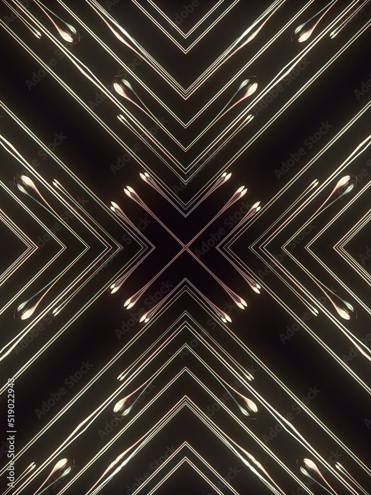 Poster kaleidoscopic pattern flowing drops of liquid metal. dark background. 3d rendering digital illustrat