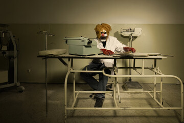 Horrible character of creepy doctor in mask waiting for victim