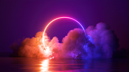 3d render, abstract neon background with illuminated cloud and round geometric arch. Mystical foggy...