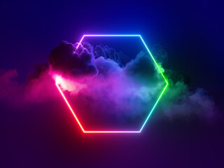 3d rendering, abstract neon background with stormy cloud and hexagonal frame glowing with colorful...