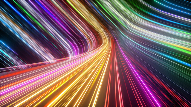 3d render, abstract background with colorful spectrum. Modern wallpaper with bright neon rays and glowing lines