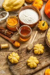 Pumpkin buns or biscuits, traditional fall baked goods. Seasonal ingredients for cooking food