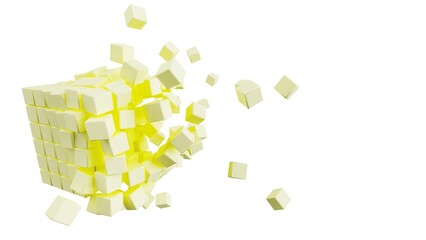 A set of many soft yellow cubes that are collapsing under white lighting background. Conceptual 3D illustration of blockchain, financial system and personal data analysis.