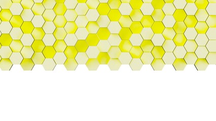Abstract background with waves made of soft yellow futuristic honeycomb mosaic geometry primitive forms that goes up and down under white back-lighting. 3D illustration. 3D CG. High resolution.