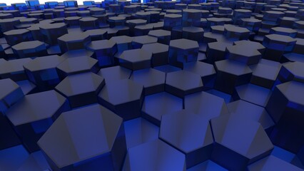 Abstract background with waves made of black futuristic honeycomb mosaic hexagon geometry primitive forms that goes up and down under blue back-lighting. 3D illustration. 3D CG. High resolution.