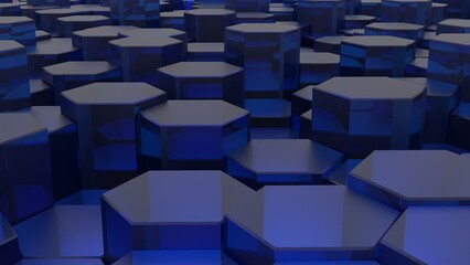 Abstract background with waves made of black futuristic honeycomb mosaic hexagon geometry primitive forms that goes up and down under blue back-lighting. 3D illustration. 3D CG. High resolution.