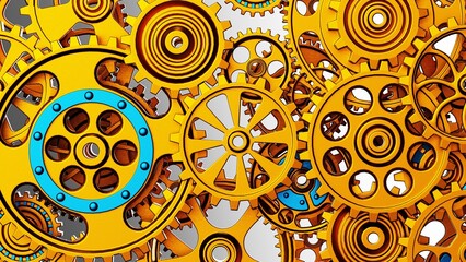 Mechanism orange-blue metallic gears and cogs at work under white spot lighting background. Industrial machinery. 3D illustration. 3D high quality rendering. 3D CG.
