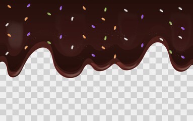 Chocolate glaze background. Sweet liquid flows down on transparent backdrop, dessert with copy space. Graphic elements with sweets for confectionery website. Realistic 3d vector illustration