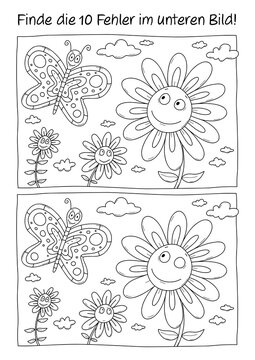 Fehlerbild Ausmalbild Sommer Fr&uuml;hling Schmetterling Blumen