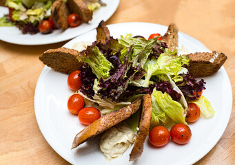 A plate of fresh, crisp salad of cherry tomatoes, homemade baguette croutons, cream sauce, Lola dew leaves