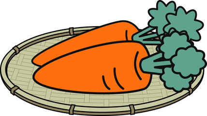 ザルに載った2本のにんじんのイラスト