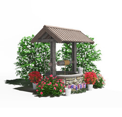 An old water well surrounded by flowers and trees on a white background.