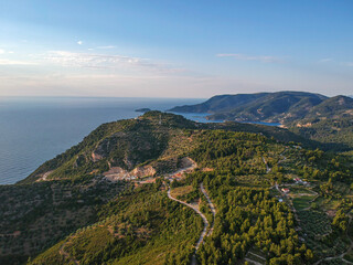 Aerial panoramic view over Alonissos island, Greece at sunset