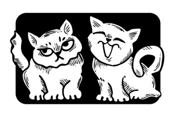 Cute cats friends sitting together. Decorative border, banner, postcard, poster print for kids room or birthday. Logo design for veterinary. Hand drawn illustration. Cartoon style character drawing.
