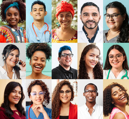 Portrait collage of people of different ethnicities, different ages and genders, Latin American...