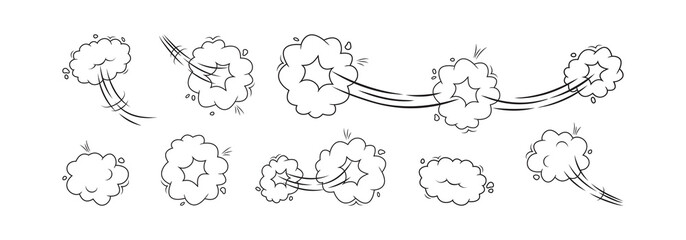 Comic cloud dust, smoke doodle poof effect line vector icon. Speed and jump wind, whoosh air bubble. Fun black and white outline illustration