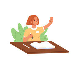 Clever girl raising hand to answer. Primary school education and learning concept. Flat vector illustration