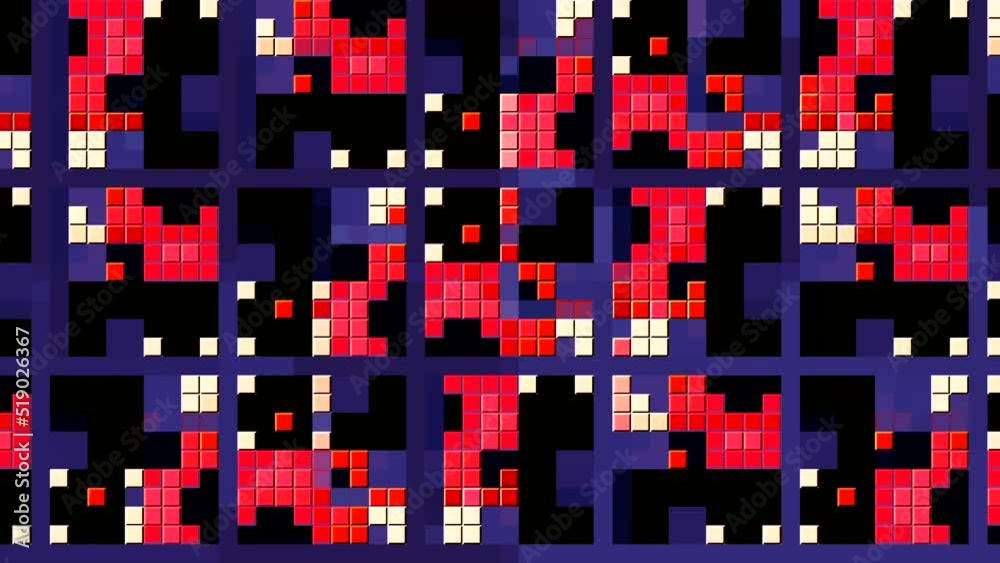 Aufkleber Moving geometric pattern with pixels in retro style. Motion. Stylish animation of pixels with moving geometric shapes. Geometric shapes from pixels in retro