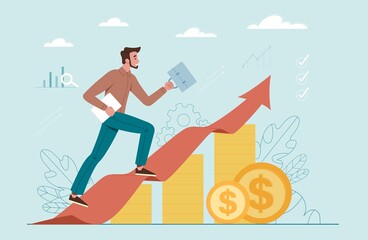 Positive growing concept. Man with briefcase on ascending schedule. Metaphor of successful and talented entrepreneur or businessman. Leadership and motivation. Cartoon flat vector illustration