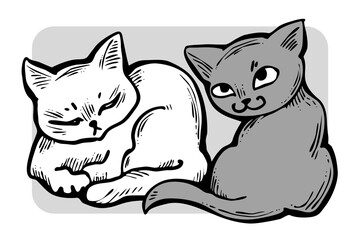 Obraz premium Cute cats friends sitting together. Decorative border, banner, postcard, poster print for kids room or birthday. Logo design for veterinary. Hand drawn illustration. Cartoon style character drawing.
