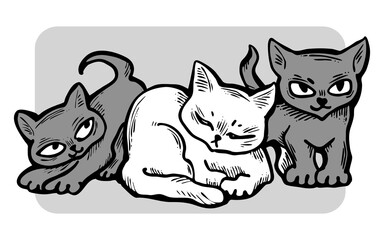 Fototapeta premium Cute cats friends sitting together. Decorative border, banner, postcard, poster print for kids room or birthday. Logo design for veterinary. Hand drawn illustration. Cartoon style character drawing.