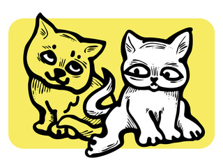 Cute cats friends sitting together. Decorative border, banner, postcard, poster print for kids room or birthday. Logo design for veterinary. Hand drawn illustration. Cartoon style character drawing.