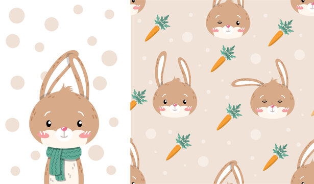 Seamless patterns with rabbit. Repeating image for printing on bed linen. Cute animal with carrot, imaginary character. Mascot or toy, head of adorable bunny. Cartoon flat vector illustration