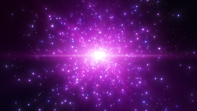 Pink purple dust particles explosion, Light ray beam effect.