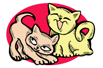 Cute cats friends sitting together. Decorative border, banner, postcard, poster print for kids room or birthday. Logo design for veterinary. Hand drawn illustration. Cartoon style character drawing.