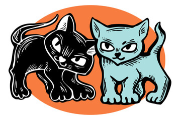 Cute cats friends sitting together. Decorative border, banner, postcard, poster print for kids room or birthday. Logo design for veterinary. Hand drawn illustration. Cartoon style character drawing.