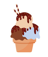Three scoops of ice cream. Delicious and tasty but junk and unhealthy food. Summer time of year and salvation from heat. Chocolate icing and sweet sticks gelato. Cartoon flat vector illustration