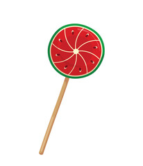 Round bright lollipop. Delicious and tasty but unhealthy food. Red and green candy on stick, gifts for children. Winter holidays symbol, New Year and Christmas. Cartoon flat vector illustration