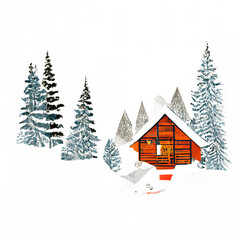 Wood Cabin Surrounded by Snow and Pine Trees