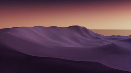 Sunset Landscape, with Desert Sand Dunes. Empty Modern Background with Warm Gradient Starry Sky