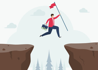 Businessman or manager hold success flag while jump through the gap obstacles and success. Running and jump over cliffs. Business risk and success concept. Overcoming Obstacles concept Vector.