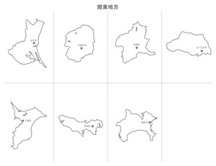 日本　白地図　関東地方（県庁所在地）