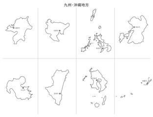 日本　白地図　九州・沖縄地方（県庁所在地）