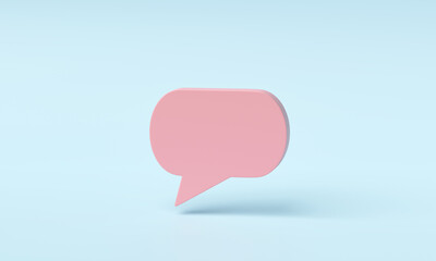 3D render, 3D illustration. Blank speech bubble talk icon or comment sign symbol on blue background.