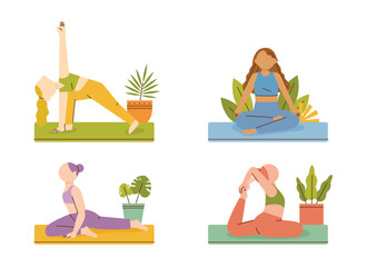 Four women are doing yoga. There is a plant pot next to it. flat design style vector illustration.