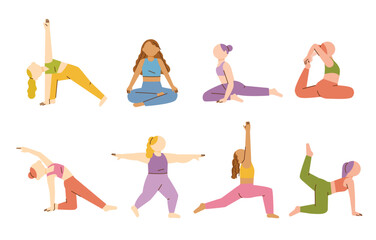 Female character doing various yoga poses. flat design style vector illustration.