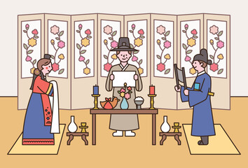 Korean traditional wedding. The groom and the bride face each other with a table in between. The person who officiates is hosting the wedding. flat design style vector illustration.