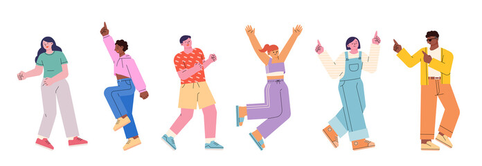 Fototapeta na wymiar People are dancing happily. Characters with big hands and feet. A tall and small head character. flat design style vector illustration.